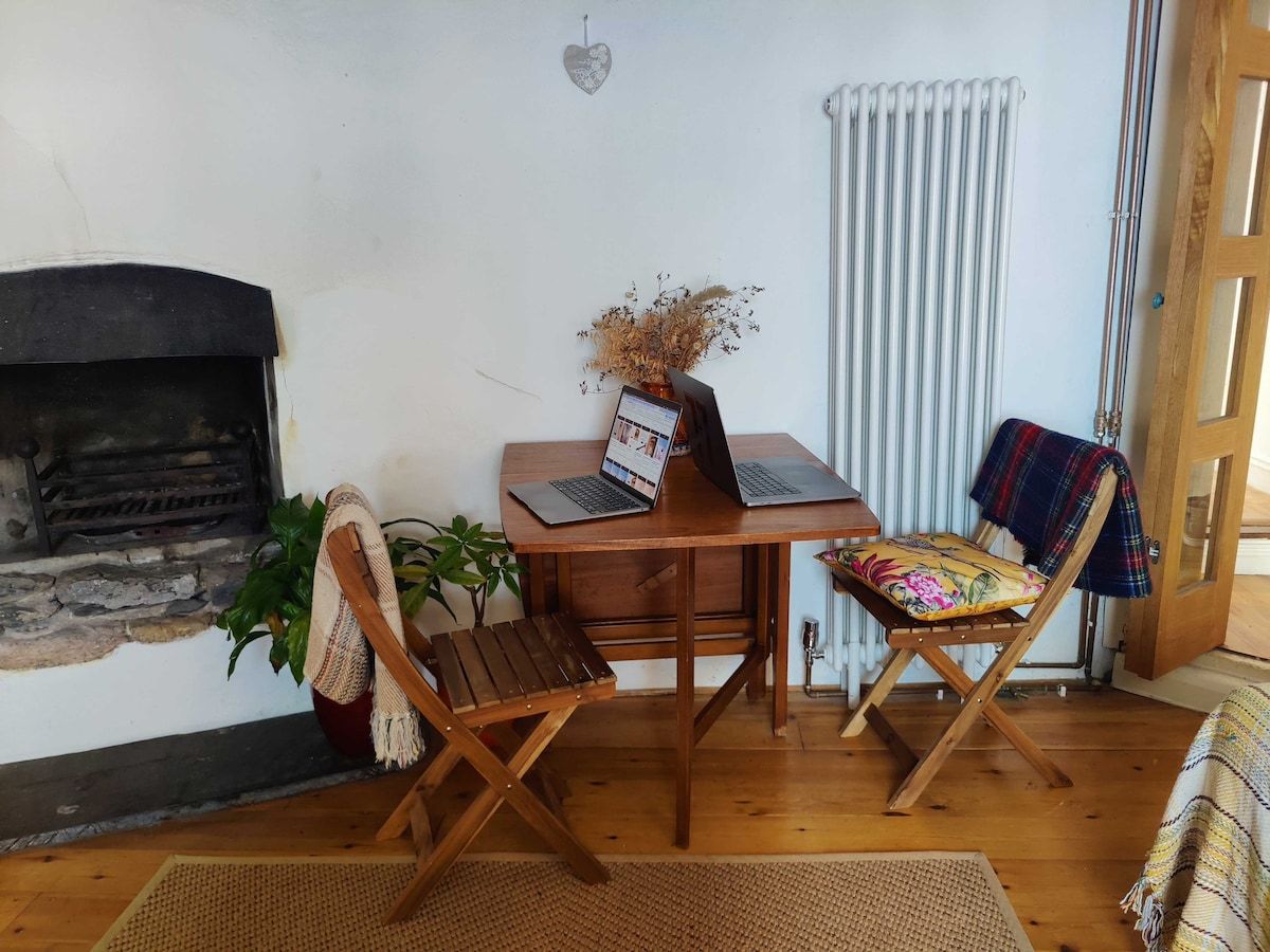 A workspace for two set up by the living-room fireplace